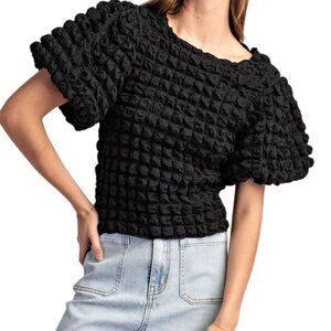 Muse Bubble Popcorn Textured Stretchy Puff Sleeve Black Crop Top Size Large NWT
